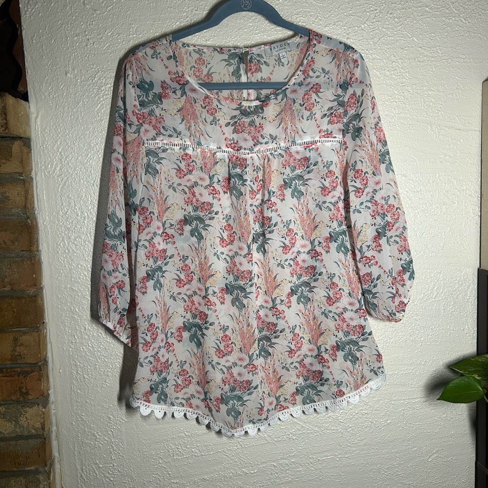 Hayden Floral Crochet-Trim Peasant Top - Pink, Green, Cream